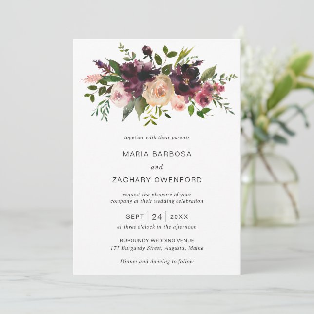 Invitación Simple Burgundy Cae Floral Elegante Boda (Anverso de pie)