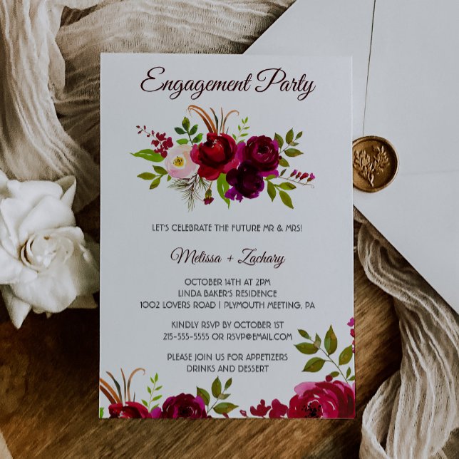 Invitación Simple Burgundy Floral Engagement Party (Subido por el creador)