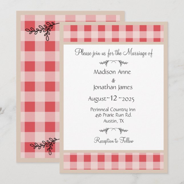 Invitación Simple Burgundy Plaid Gingham Country Weddig (Anverso / Reverso)