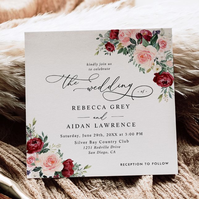 Invitación Simple Burgundy Rubor caída Boda floral Plaza (Subido por el creador)