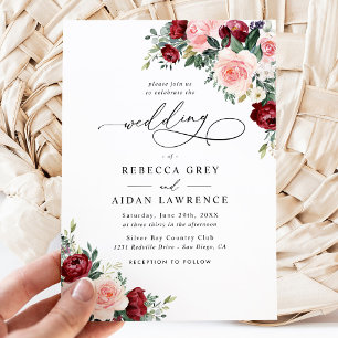 Invitación Simple Burgundy Rubor Watercolor Floral Boda