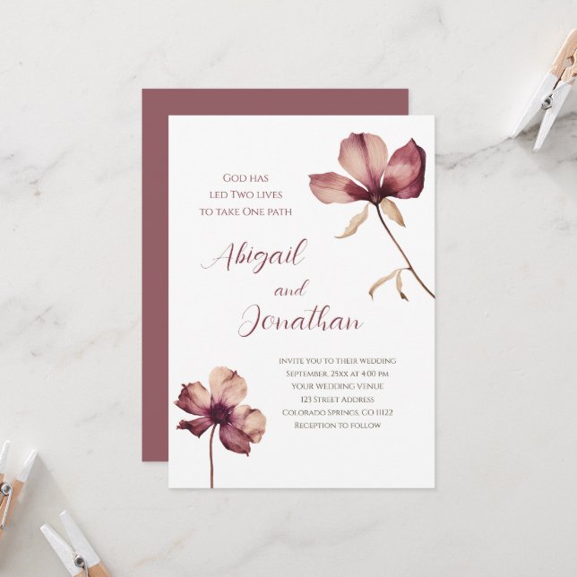 Invitación Simple Burgundy Wildflowers Boda Cristiana (Anverso/Reverso In Situ)