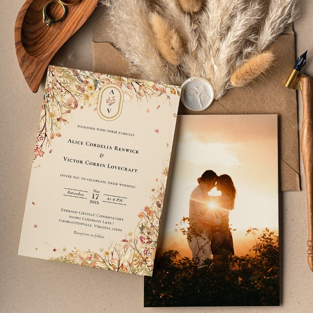Invitación Simple caída rusa Boda beige Monograma foto (Subido por el creador)