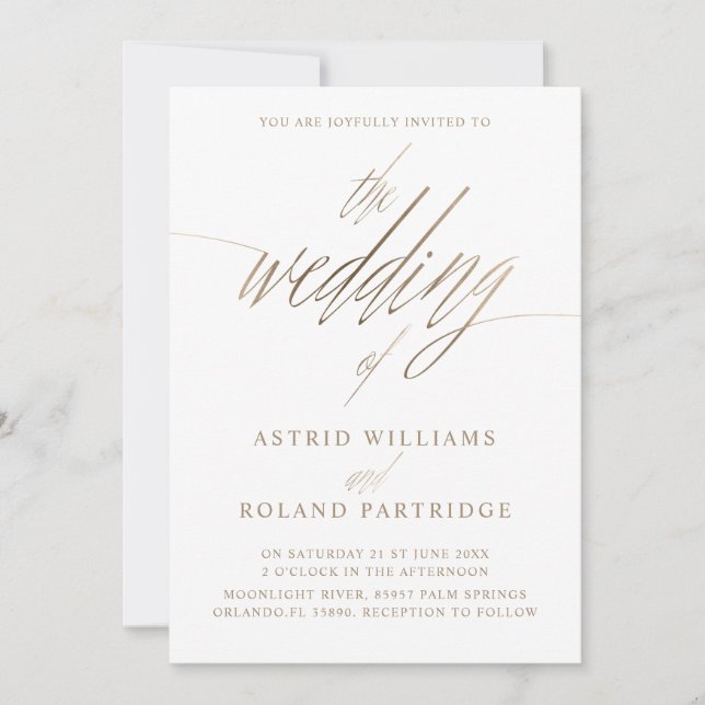 Invitación Simple Caligrafía Dorada Falsa en la Boda de (Anverso)