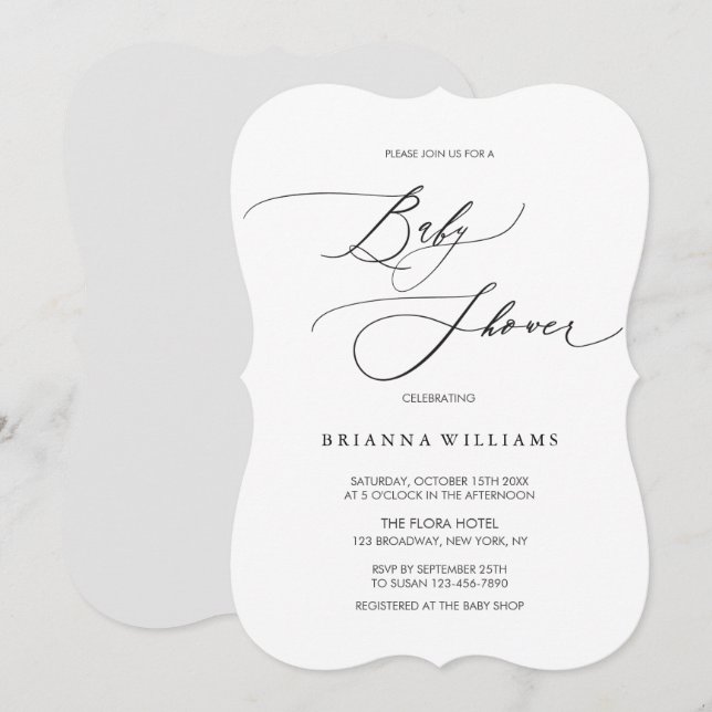 Invitación Simple caligrafía elegante Baby Shower blanco negr (Anverso / Reverso)