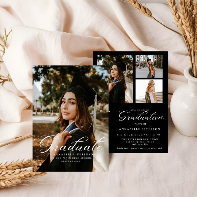 Invitación Simple caligrafía moderna foto graduación en negro (Subido por el creador)