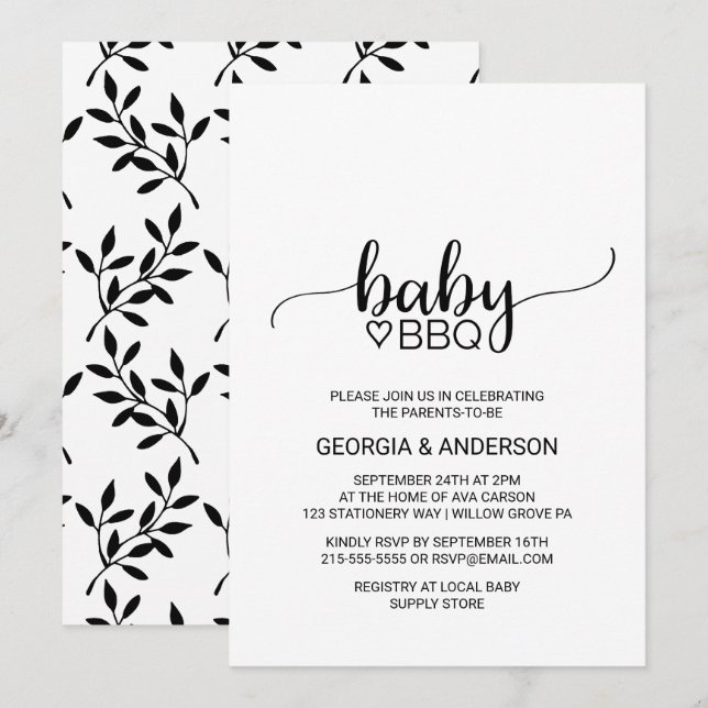 Invitación Simple caligrafía negra y blanca Baby BBQ (Anverso / Reverso)