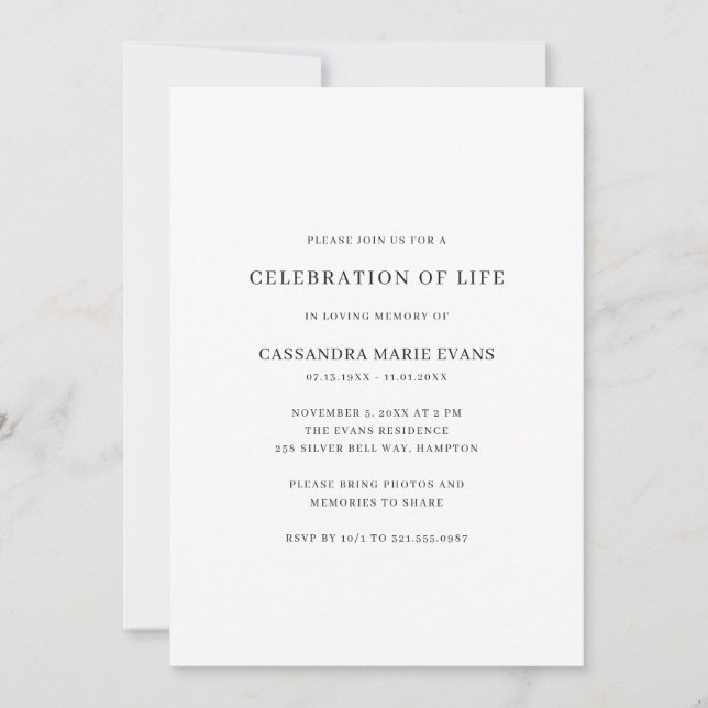 Invitación Simple celebración de la vida en blanco y negro (Anverso)