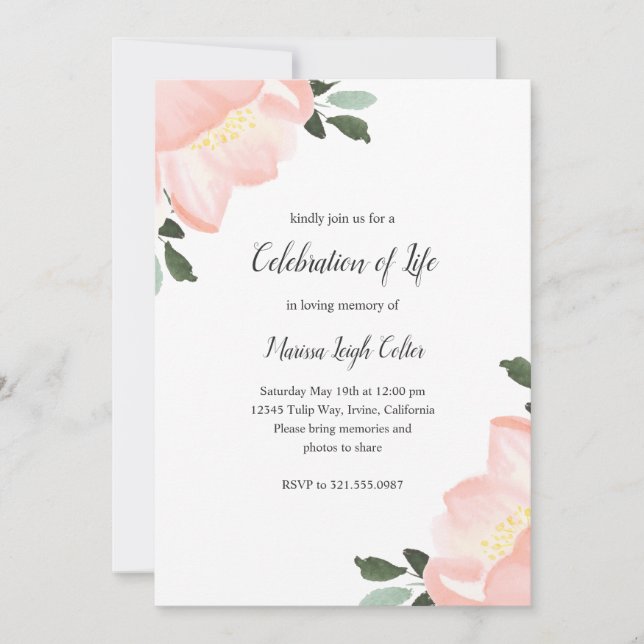 Invitación Simple celebración floral de vida en Rubor rosa (Anverso)