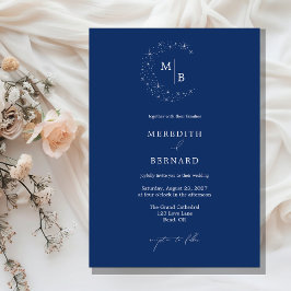 Invitación Simple Celestial Elegant Blue Monogram Wedding