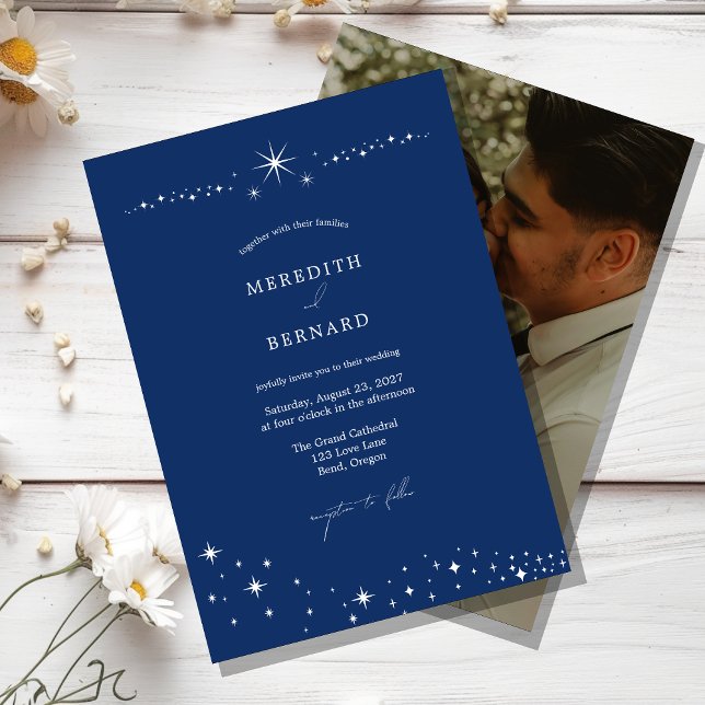 Invitación Simple Celestial Elegant Wedding Navy Blue Photo (Subido por el creador)