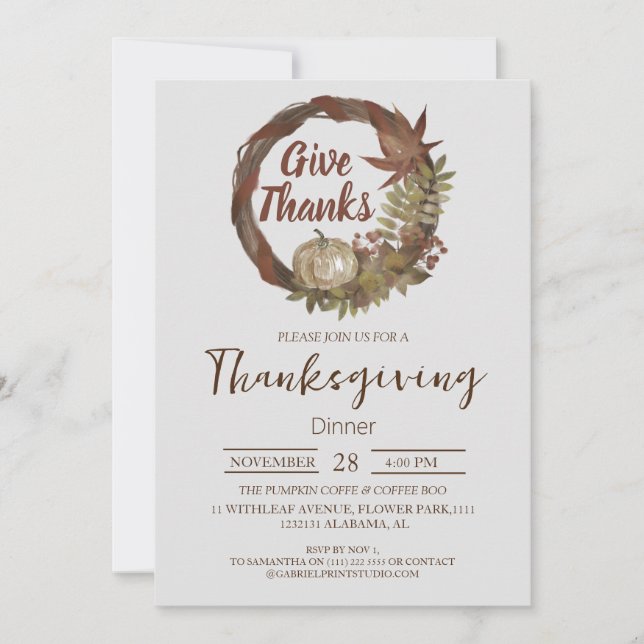 Invitación Simple cena de Acción de Gracias acuarela Calabaza (Anverso)