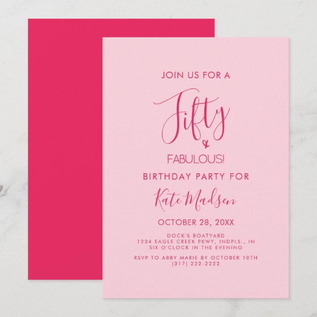 Invitación Simple Chic Fifty & FABULOUS! Pink Birthday Party (Anverso / Reverso)