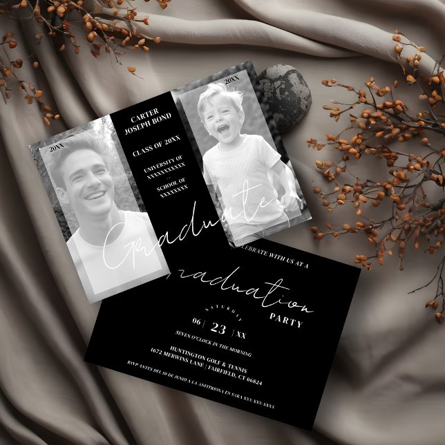 Invitación Simple Chic Then & Now 2 Photos graduation (Chic Then & Now graduation invitation.)