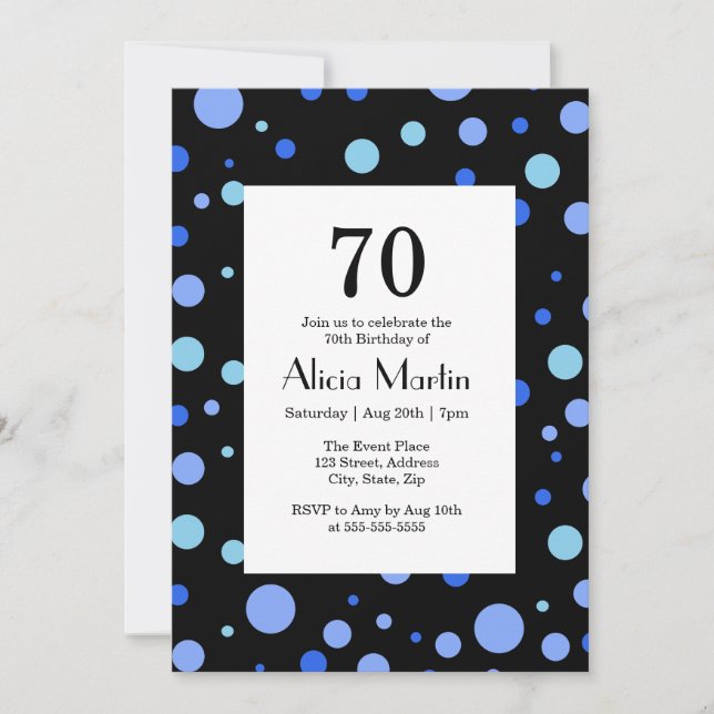 Invitación Simple cielo azul Polka Dot negro 70 cumpleaños (Anverso)