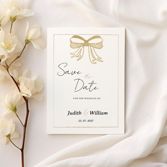 Invitación Simple cinta de lazo con brillo de oro blanco Save (Simple white gold glitter bow ribbon Save the Date)