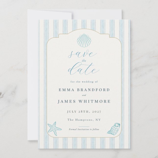 Invitación Simple Coastal Seashell Blue Wedding Save the Date (Anverso)
