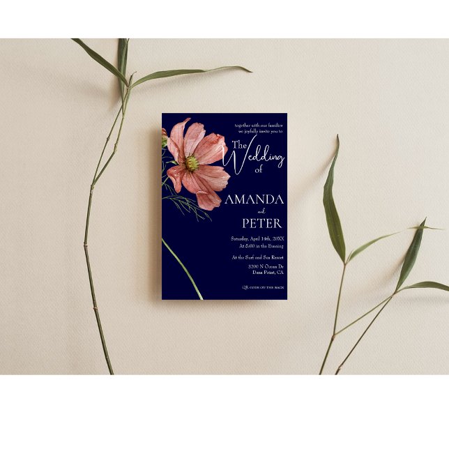Invitación Simple código QR moderno Boda de la Marina Floral (Subido por el creador)