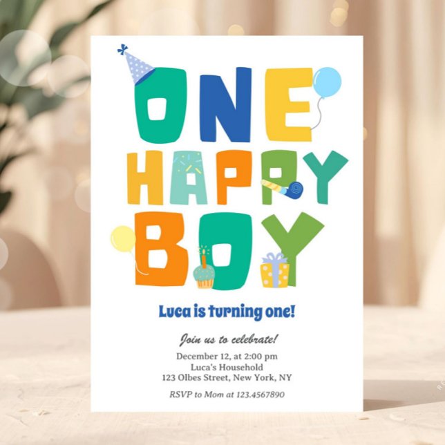 Invitación Simple Colorful One Happy Boy 1st Birthday Party  (first birthday, boy 1st birthday, boho first birthday, retro boy birthday, Blue and green invitation)