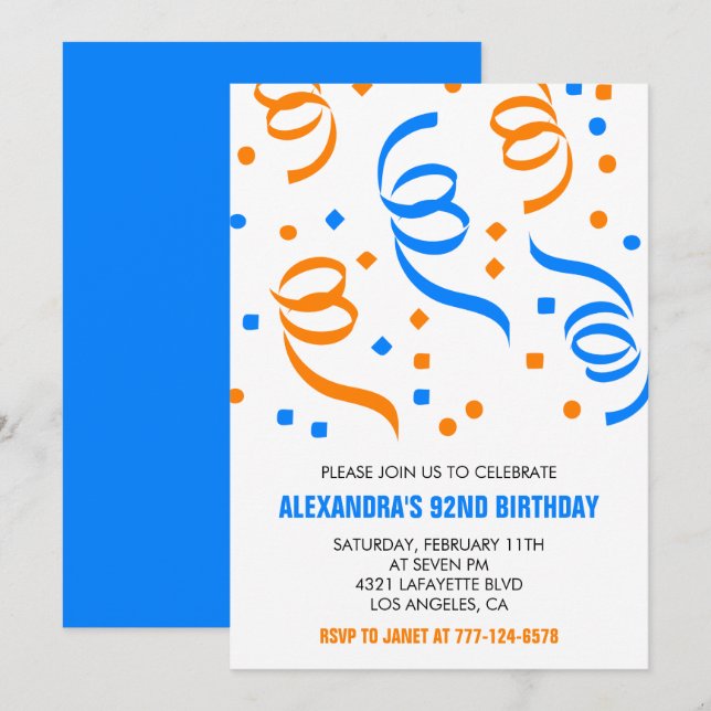 Invitación Simple Confeti Retro Blanco cumpleaños 92 (Anverso / Reverso)