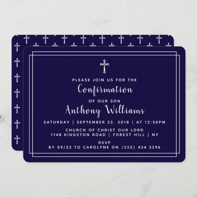 Invitación Simple confirmación de cruz blanca y azul de la ma (Anverso / Reverso)