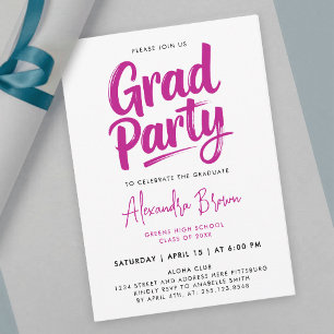 Invitación Simple Coqueta Rosa Niña Graduada Pincel Caligrafí