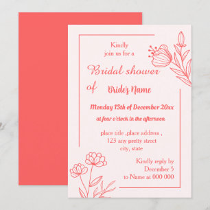 Invitación Simple coral rosa floral ducha de novia