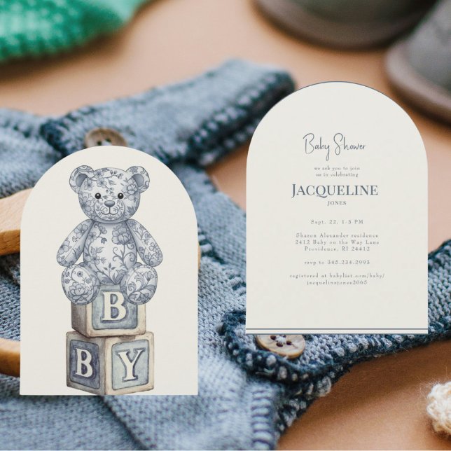 Invitación Simple Cream & Blue Teddy Bear Arch Baby Shower (Subido por el creador)