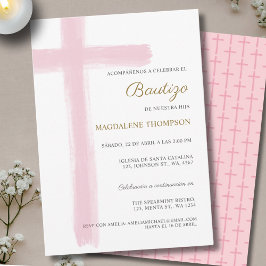 Invitación Simple Cross Girl Pink Baptism Bautizo