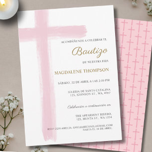 Invitación Simple Cross Girl Rosa Bautizo