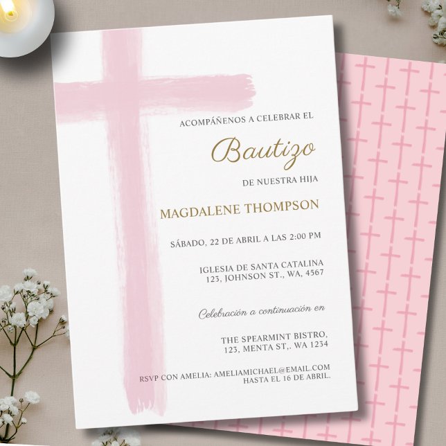 Invitación Simple Cross Girl Rosa Bautizo (Subido por el creador)