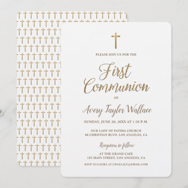 Invitación Simple Cruz Blanca de Oro Moderna Primera Comunión (Anverso / Reverso)