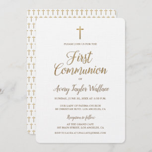 Invitación Simple Cruz Blanca de Oro Moderna Primera Comunión