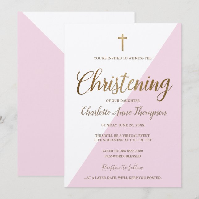 Invitación Simple Cruz Blanca de Oro Rosada: Christina virtua (Anverso / Reverso)