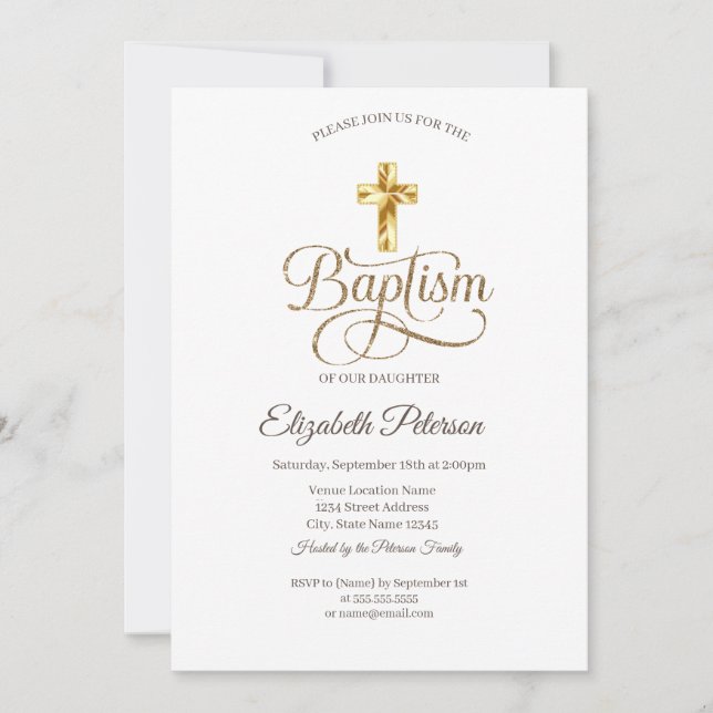 Invitación Simple Cruz de Bautizo Dorada Elegante (Anverso)