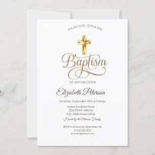 Invitación Simple Cruz de Bautizo Dorada Elegante