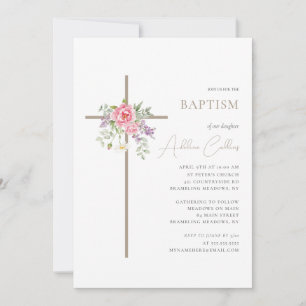 Invitación Simple Cruz de Oro Elegante Bautismo Minimalista