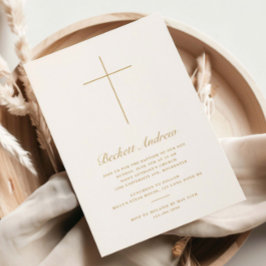 Invitación Simple Cruz de Oro en Escritura Bautizo