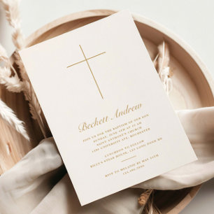 Invitación Simple Cruz de Oro en Escritura Bautizo