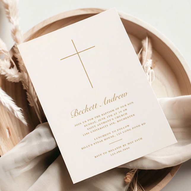 Invitación Simple Cruz de Oro en Escritura Bautizo (Elegant, simple cross gold baptism invitations.)