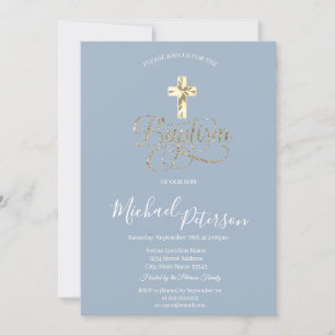 Invitación Simple Cruz Dorada Elegante Bautizo Azul Polvorien
