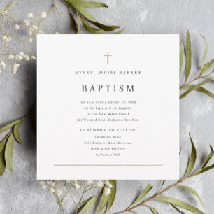 Invitación Simple Cruz Dorada Religiosa Bautizo Minimalista