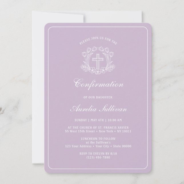 Invitación Simple Cruz Floral en la confirmación de Lilac (Anverso)