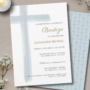 Invitación Simple Cruz Niño Bautizo Dusty Blue