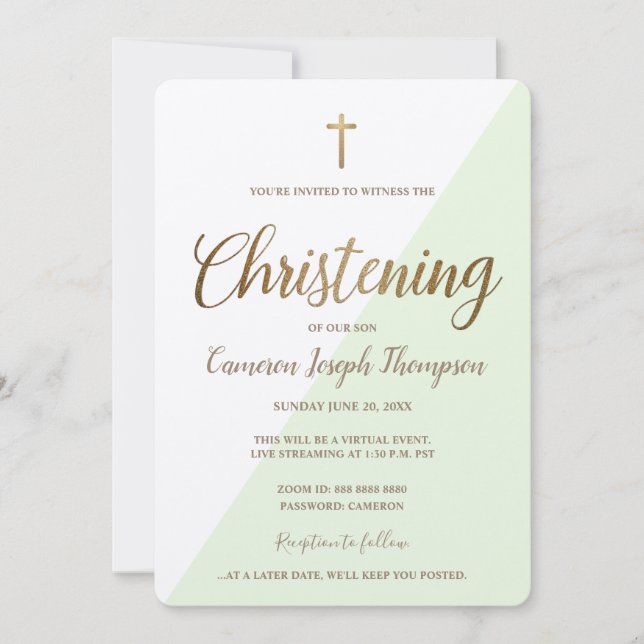 Invitación Simple Cruz Verde de Oro Cristiana Bebé Virtual (Anverso)