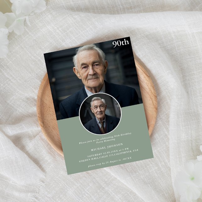 Invitación Simple Cualquier vejez Foto verde 90 cumpleaños (Subido por el creador)