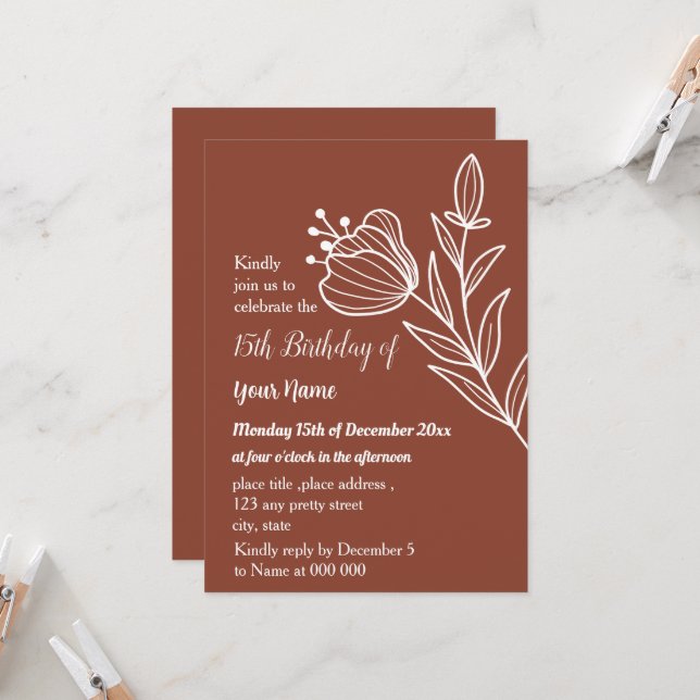Invitación Simple cumpleaños floral de terracota (Anverso/Reverso In Situ)
