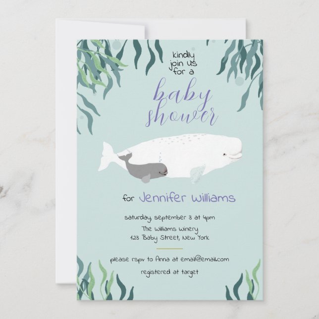 Invitación Simple Cute Beluga Whale Light Blue Baby Shower (Anverso)