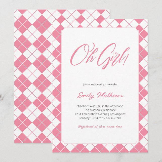 Invitación Simple Cute Gingham Pink Plaid Chica Baby Shower (Anverso / Reverso)