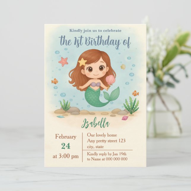 Invitación Simple cute little mermaid birthday (Anverso de pie)